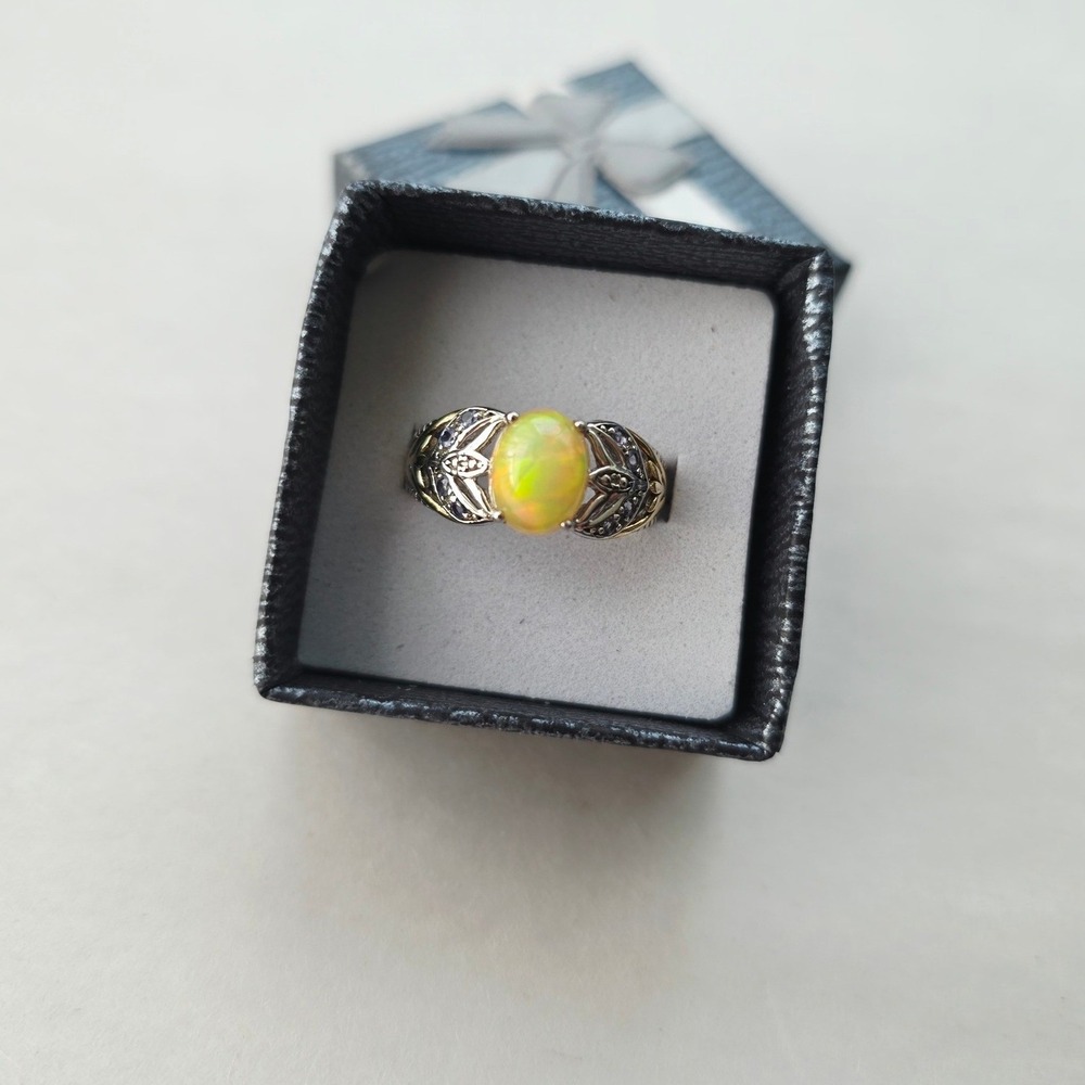 Vintage Sterling Silver 925 Fire Opal Two Tone Filigree Leaf Ring Size 8.25 new